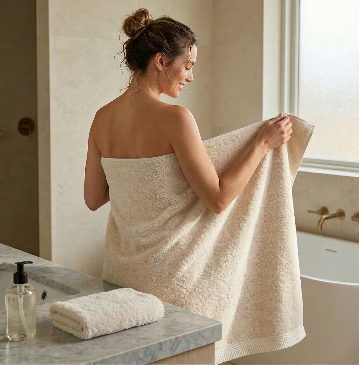 Mujer envuelta en la toalla de baño Serena de Morfeo en un baño luminoso con bañera.