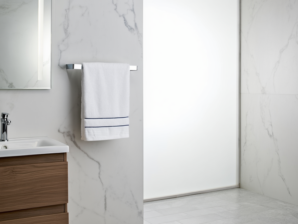 Toalla de lavabo Mare Nostrum de Morfeo colgada en un toallero de un baño de mármol blanco.
