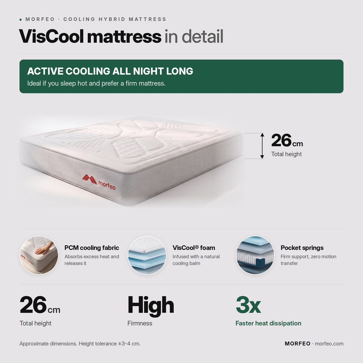 Morfeo VisCool mattress infographic: 26 cm high, firm feel and PCM cooling fabric.