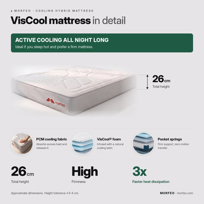 Morfeo VisCool mattress infographic: 26 cm high, firm feel and PCM cooling fabric.