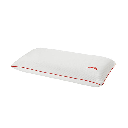 Almohada viscoelástica SojaVisco de Morfeo en perspectiva sobre fondo blanco, con funda blanca y ribete rojo.
