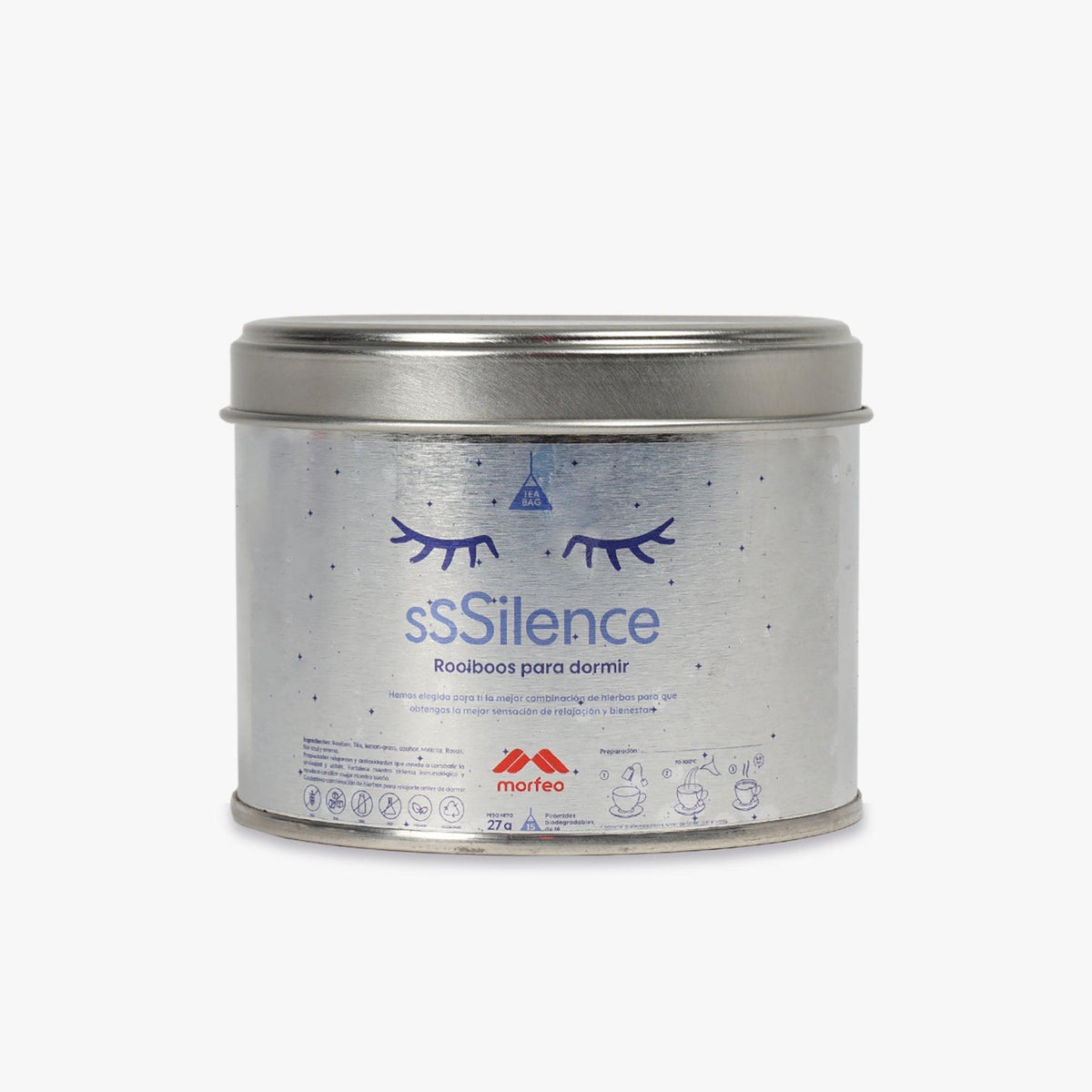 Lata de infusión Rooibos relajante para dormir sSilence de Morfeo cerrada sobre fondo blanco.